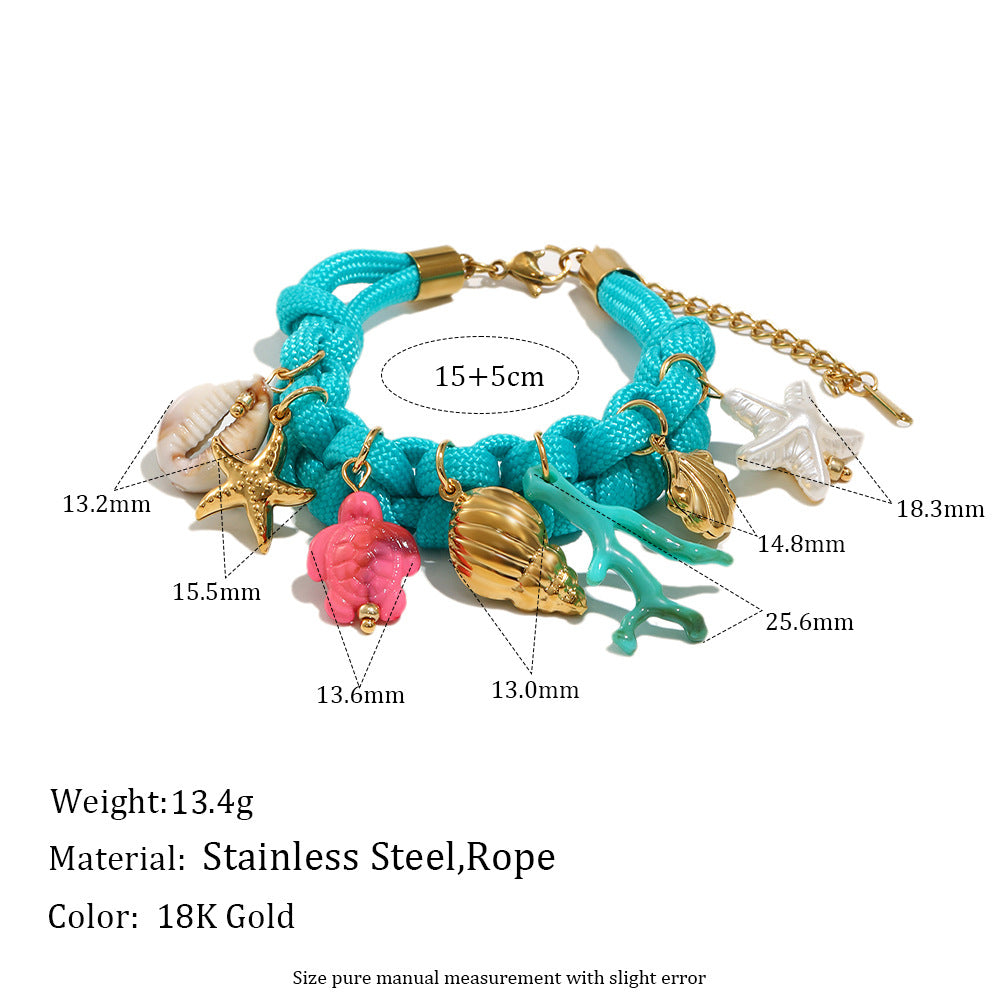 Minimalist Ocean Necklace & Bracelet Set – 18K Gold Plated Stainless Steel Blue Cord Layered Jewelry for Women