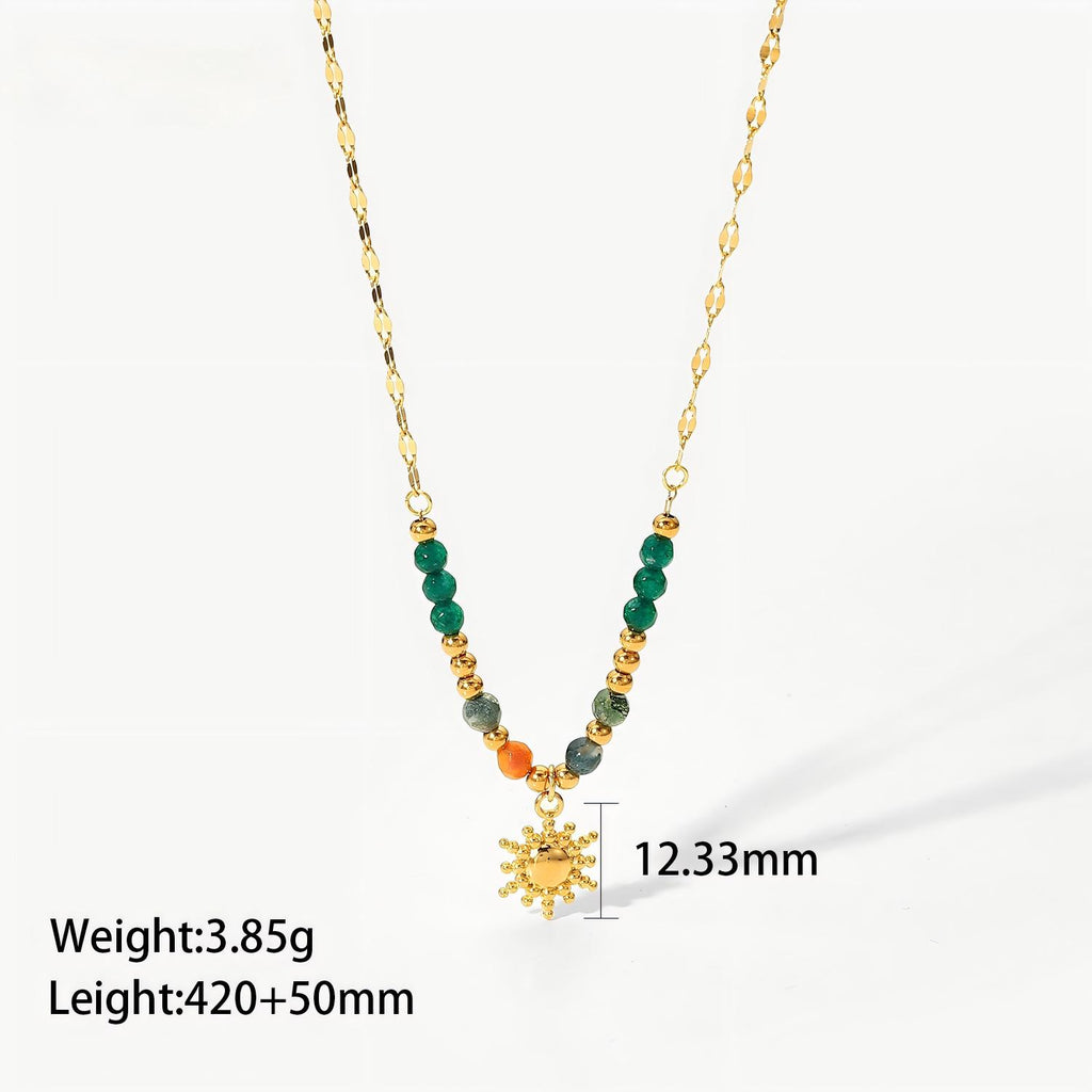 18K Gold Plated Sun Pendant Necklace – Natural Stone French Vintage Stainless Steel Jewelry for Women