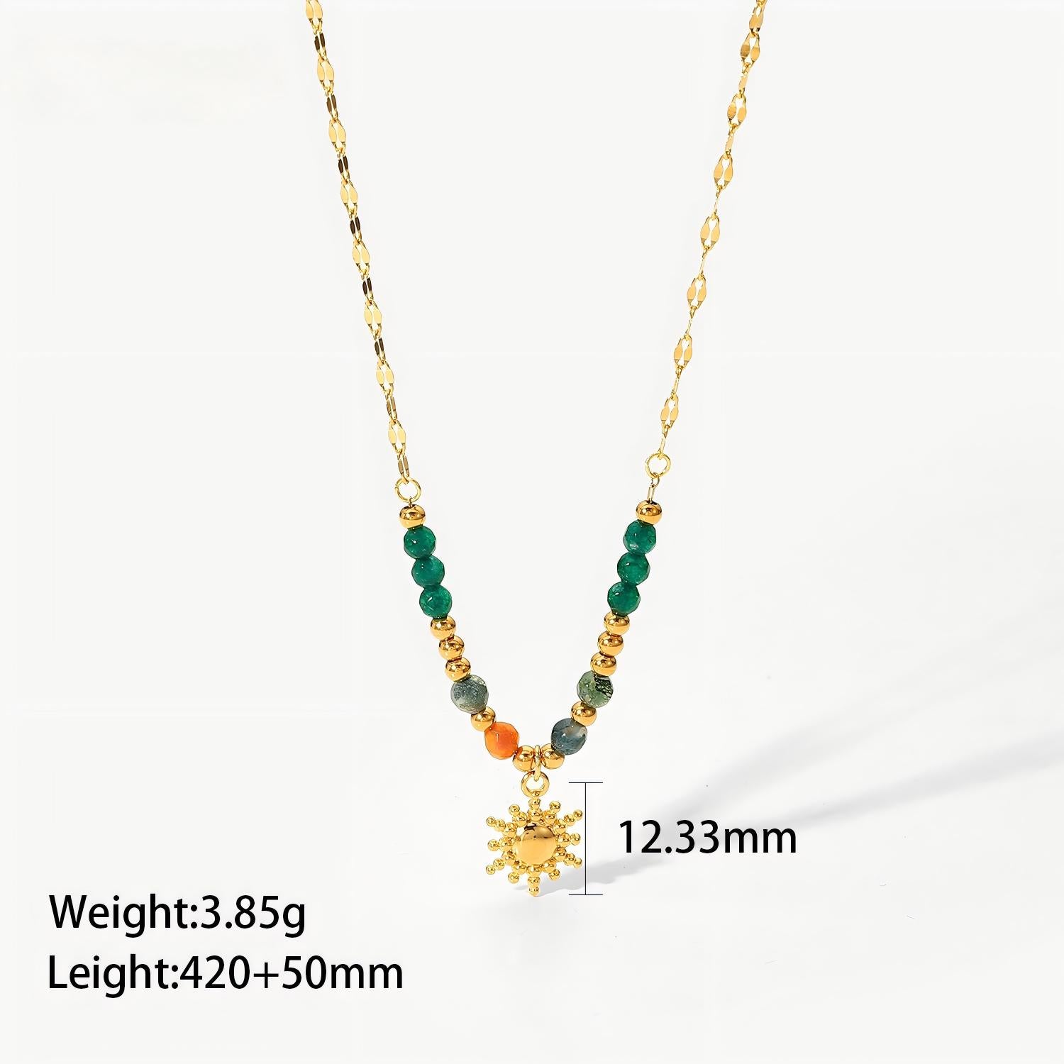18K Gold Plated Sun Pendant Necklace – Natural Stone French Vintage Stainless Steel Jewelry for Women