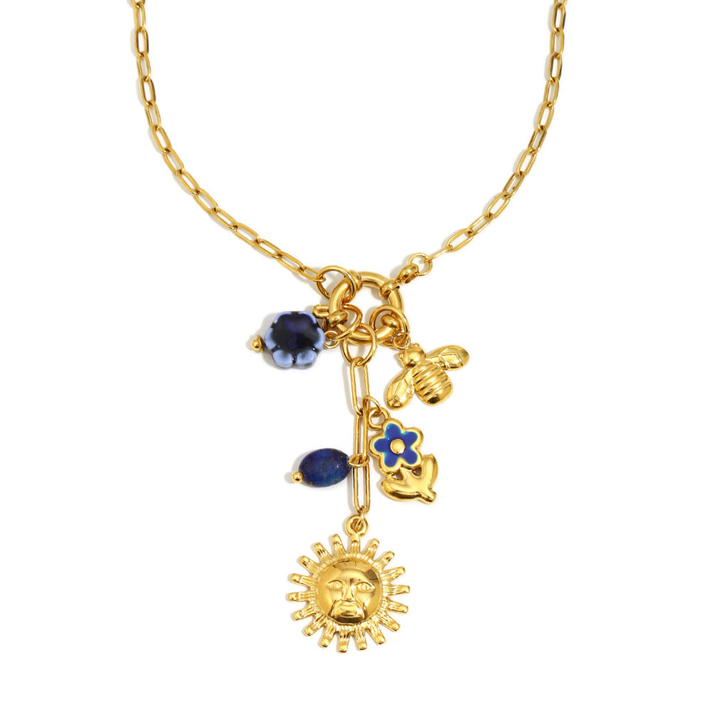 French Luxury Sun & Bee Necklace – 18K Gold Plated Stainless Steel Small Paperclip Chain Minimalist Jewelry for Women