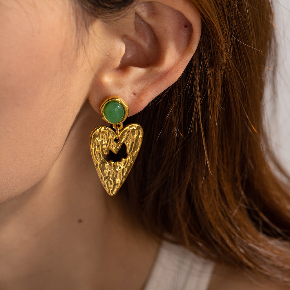 Green Heart Stud Earrings – Vintage Stainless Steel Cute Heart Jewelry for Women
