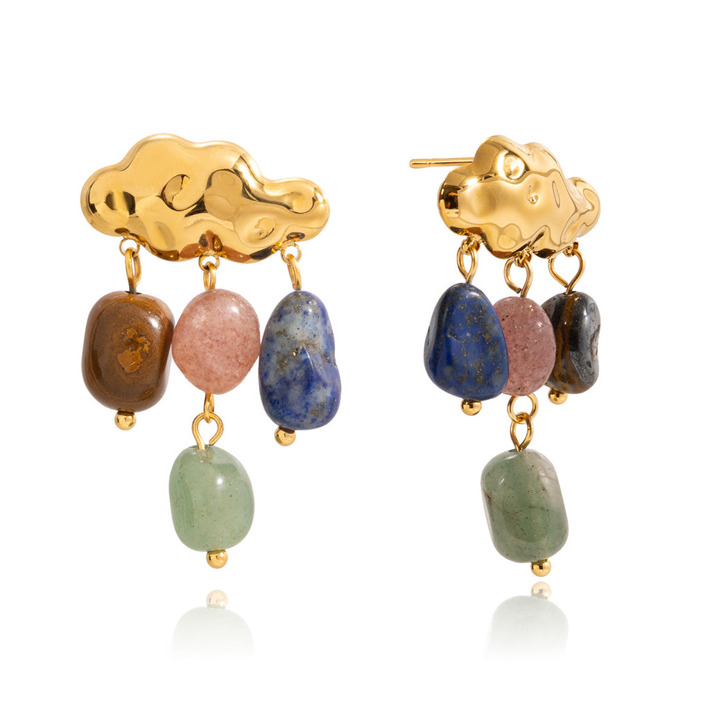 Colorful Natural Stone Cloud Tassel Earrings – Stainless Steel Luxury Jewelry for Women