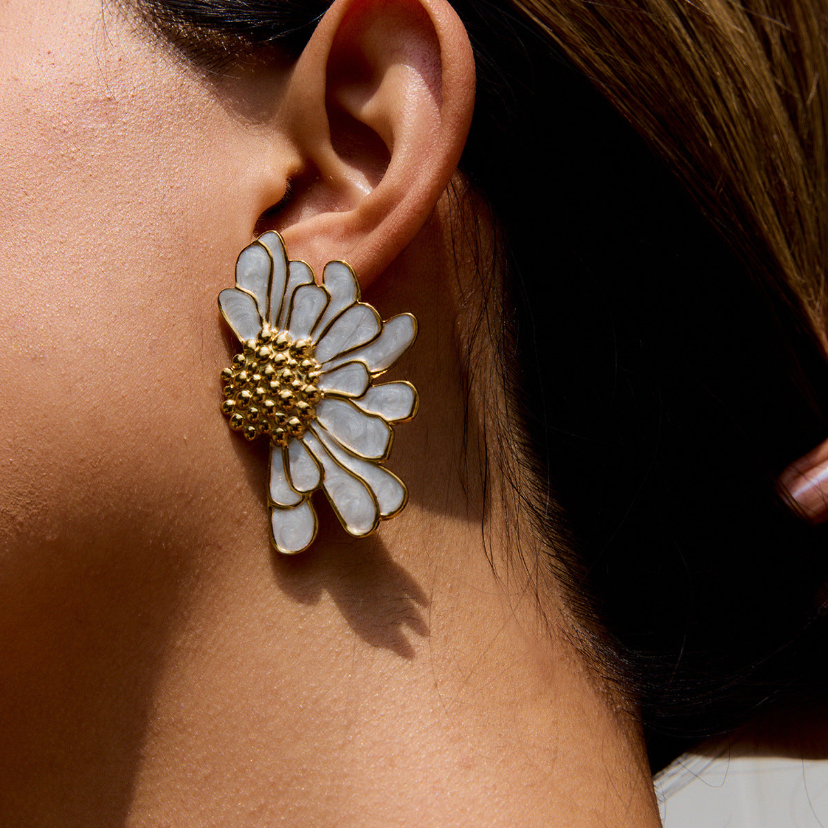 Enamel Flower Stud Earrings – Stainless Steel Titanium Luxury Statement Jewelry for Women