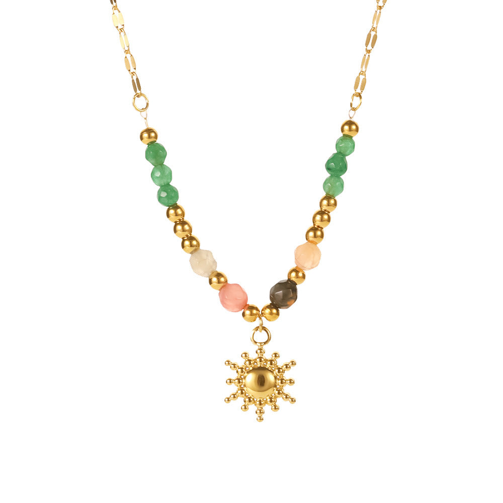 18K Gold Plated Sun Pendant Necklace – Natural Stone French Vintage Stainless Steel Jewelry for Women