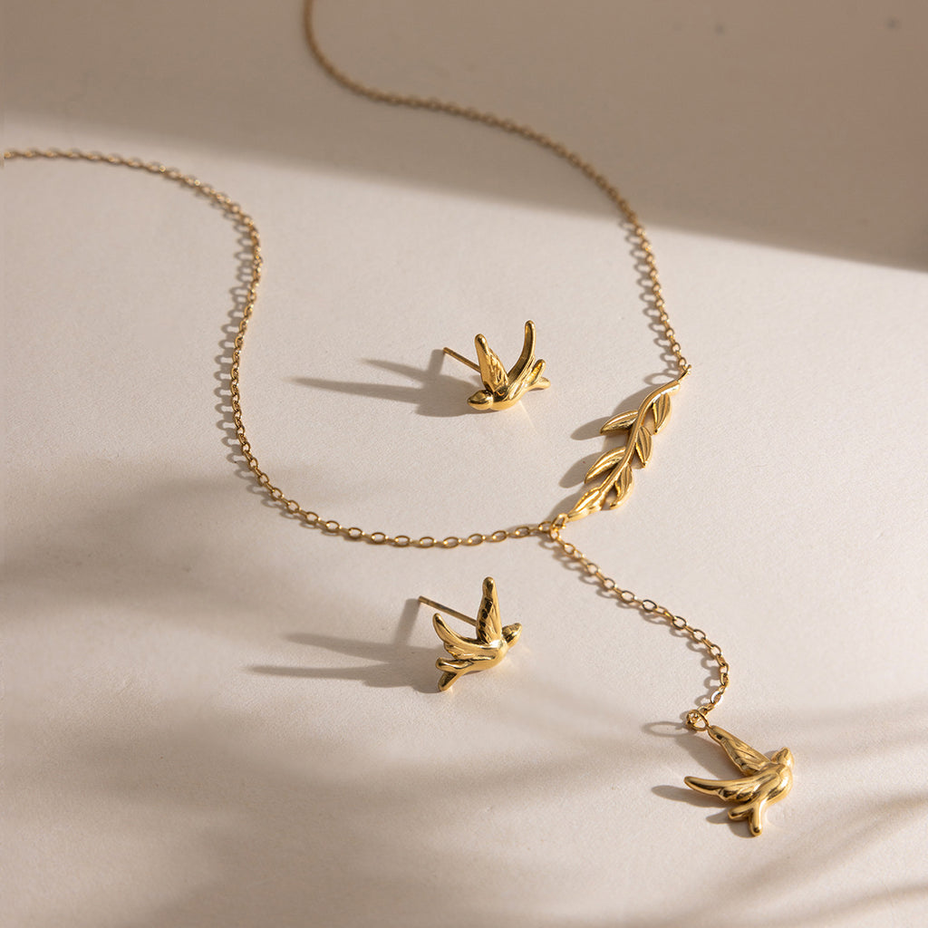 18K Gold Plated Stainless Steel Dove Earrings & Necklace Set – Fashion Jewelry for Women