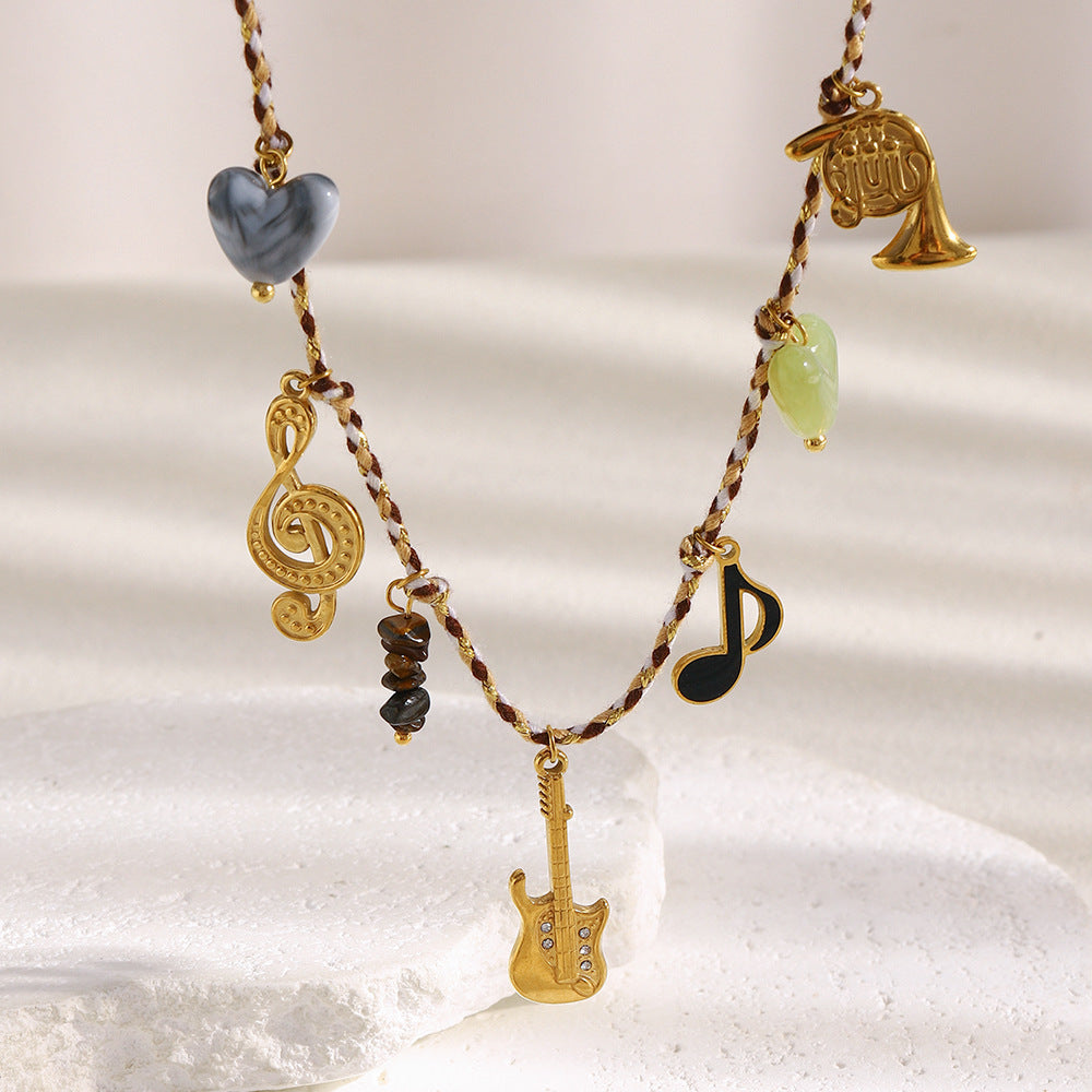 Guitar Music Pendant Necklace – 18K Gold Plated Stainless Steel Colorful Cord Boutique Statement Jewelry for Women