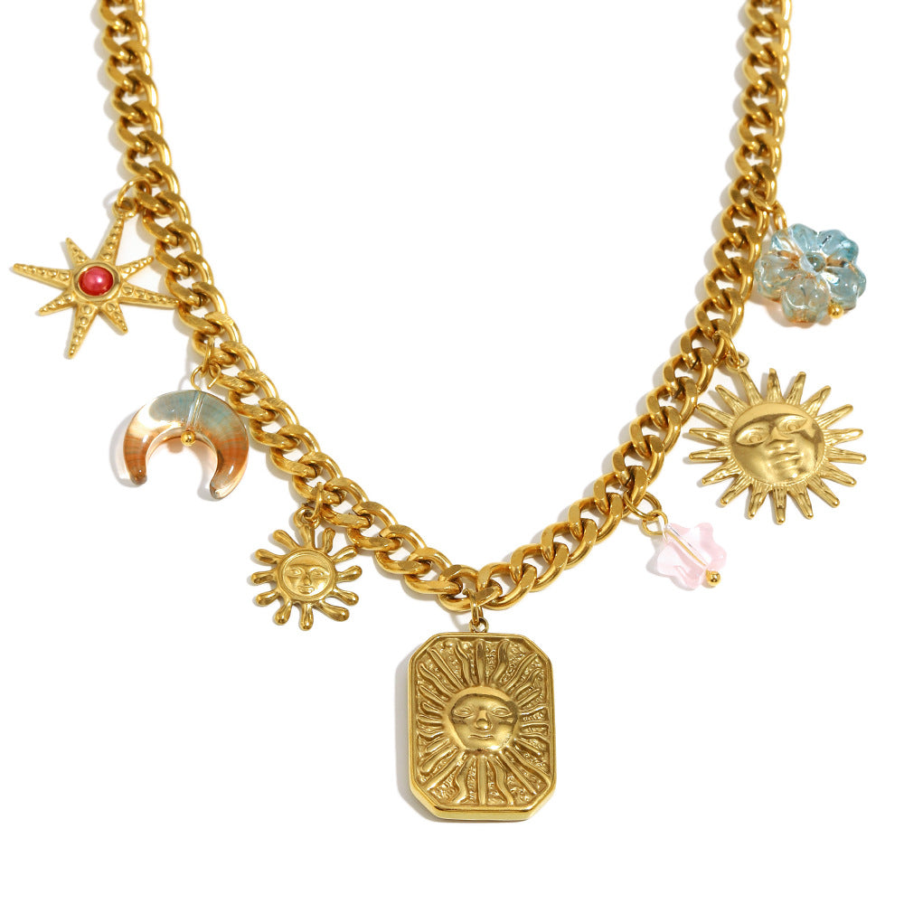 Celestial Sun, Moon & Star Pendant Necklace – 18K Gold Plated Stainless Steel Boutique Statement Jewelry for Women