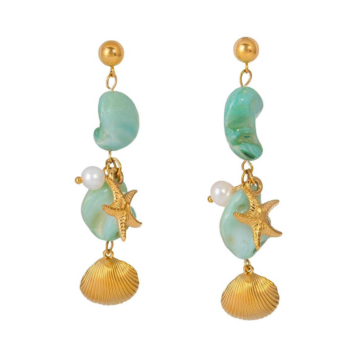 Beach-Inspired Starfish & Shell Earrings – Stainless Steel 18K Gold Plated Gemstone Drop Earrings for Women
