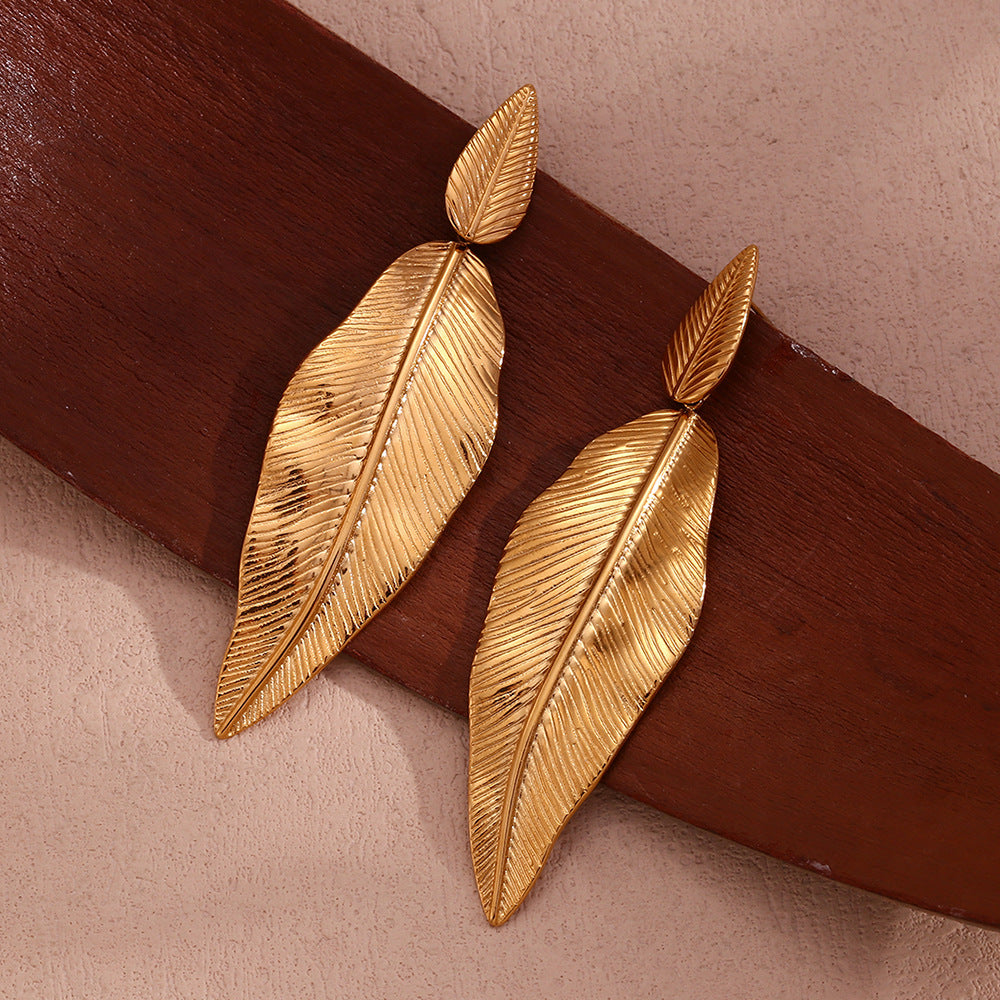 Feather & Leaf Statement Earrings – 18K Gold Plated Stainless Steel Nature-Inspired Jewelry for Women