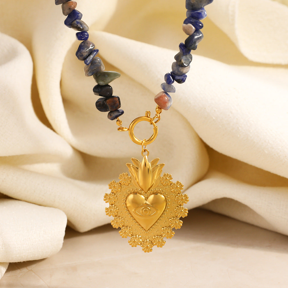 Heart Natural Stone Beaded Necklace – 18K Gold Plated Stainless Steel Vintage Boho Jewelry for Women