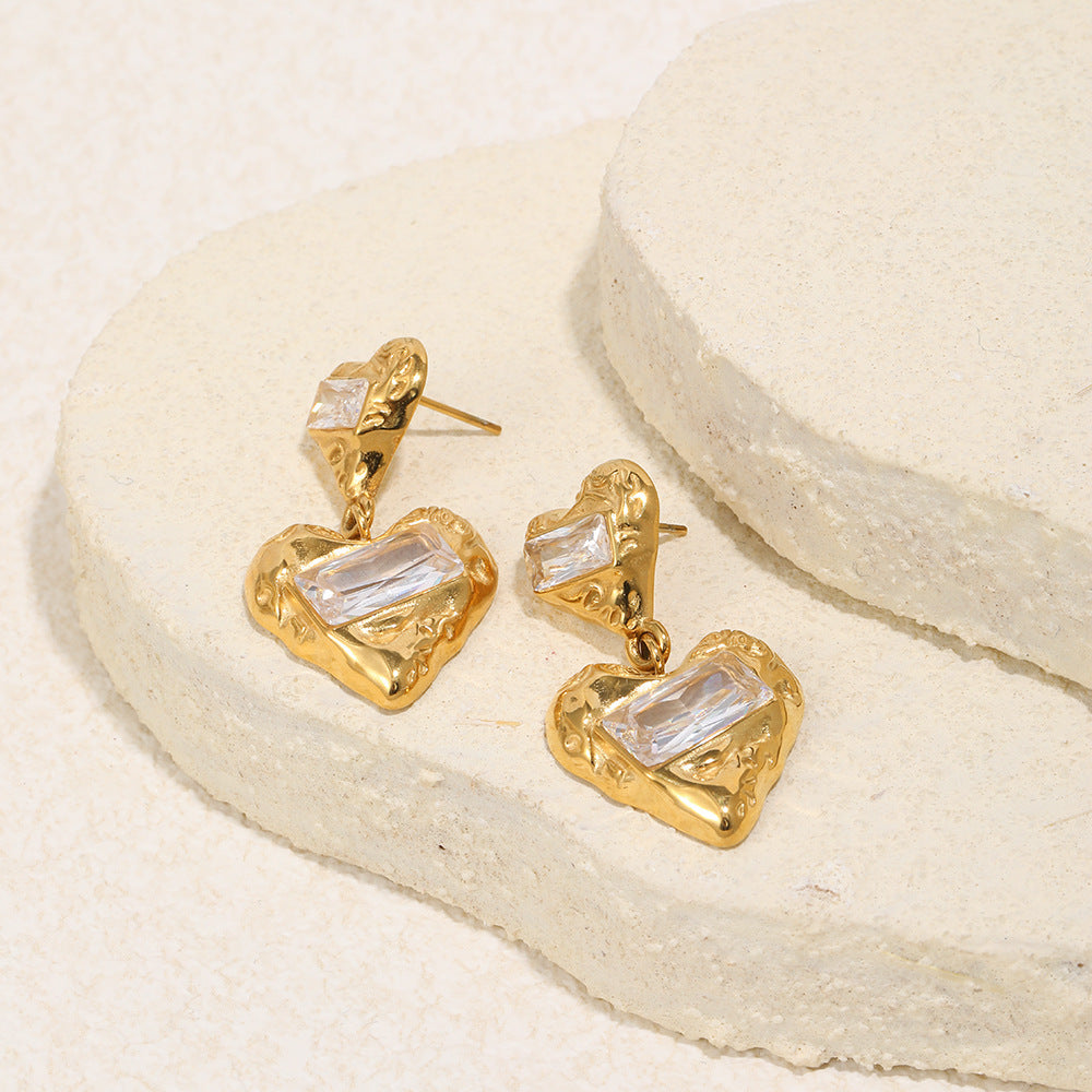 Zircon Heart Stud Earrings – 18K Gold Plated Stainless Steel Minimalist Jewelry for Women