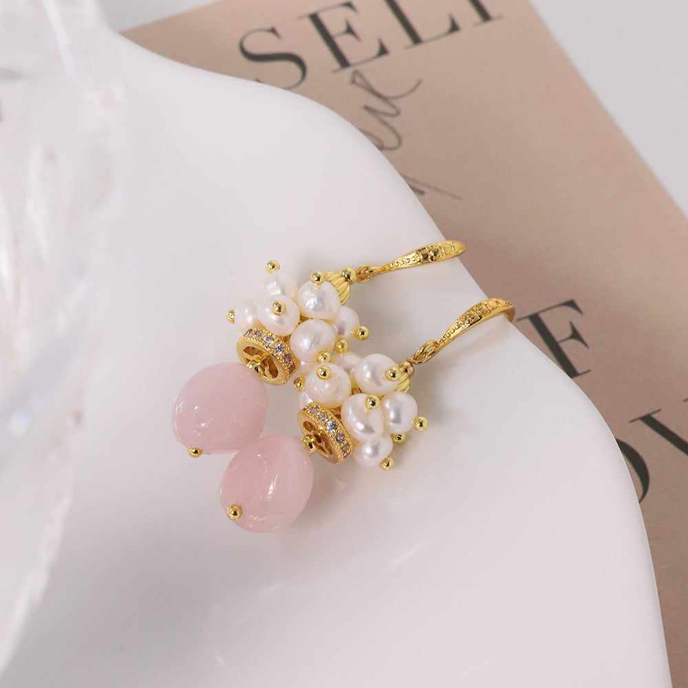 Baroque Rose Quartz & Pomegranate Freshwater Pearl Earrings – Vintage Luxe Statement Jewelry for Women