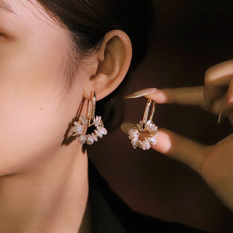 Baroque Pearl & Metal Bead Stud Earrings – 18K Gold Plated Minimalist Luxury Statement Jewelry for Women