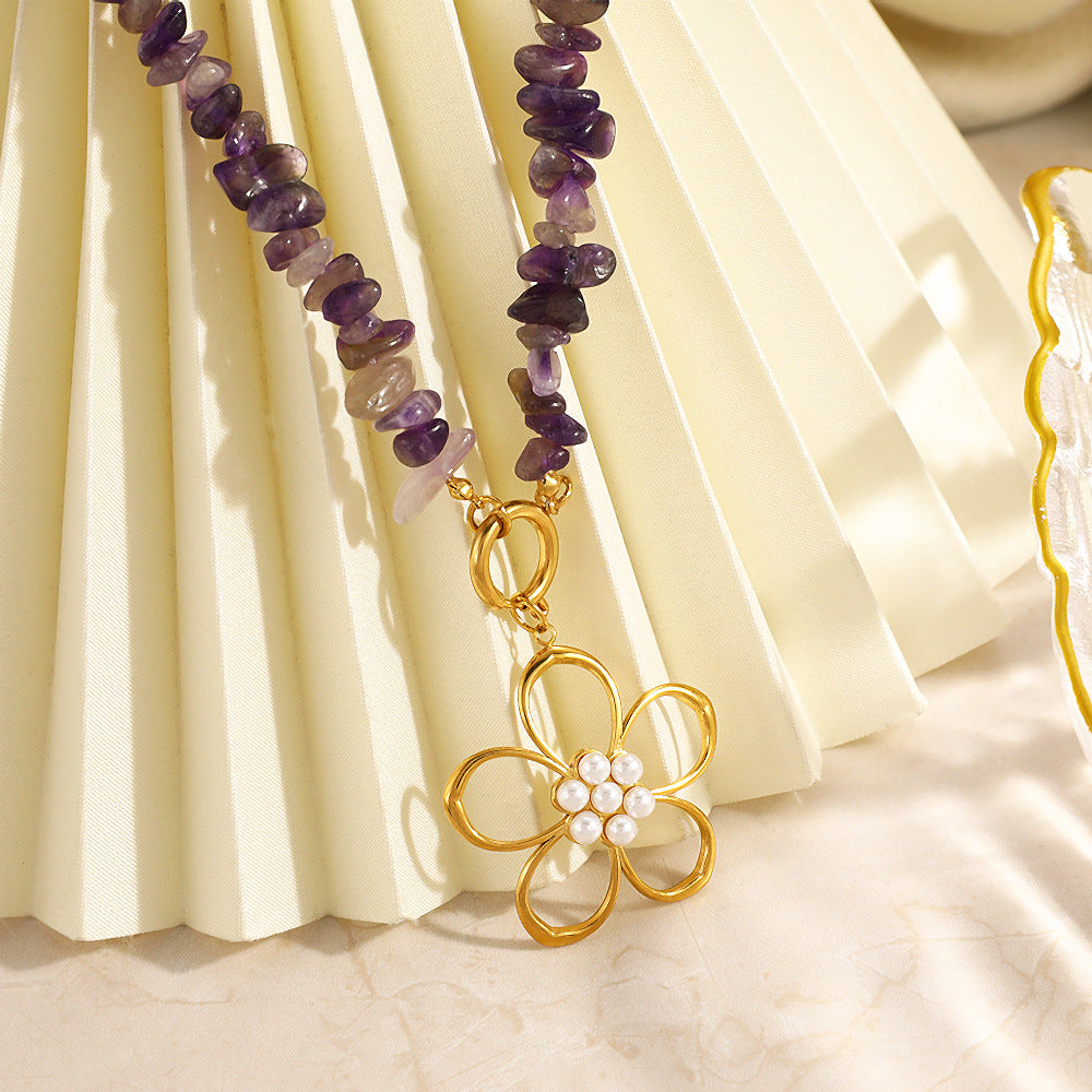 Vintage Beaded Flower Necklace – Natural Stone 18K Gold Plated Stainless Steel Boho Jewelry for Women