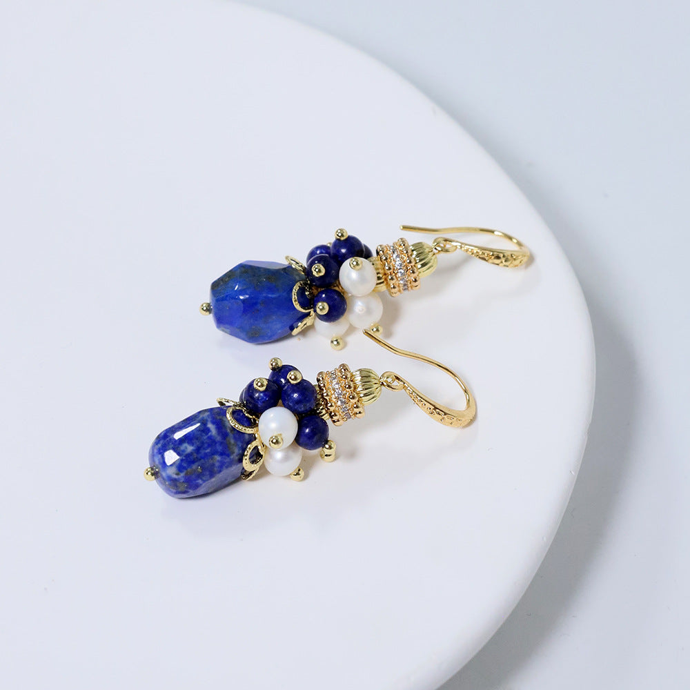 Lapis Lazuli & Freshwater Pearl Earrings – Vintage French Style Gemstone Jewelry for Women