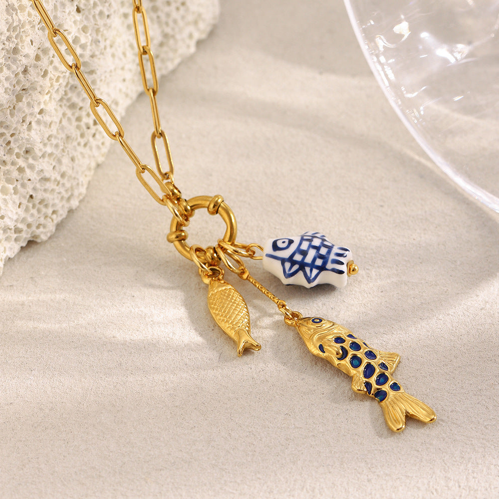 Unique Fish Pendant Paperclip Necklace – 18K Gold Plated Stainless Steel Spring Clasp Statement Jewelry for Women