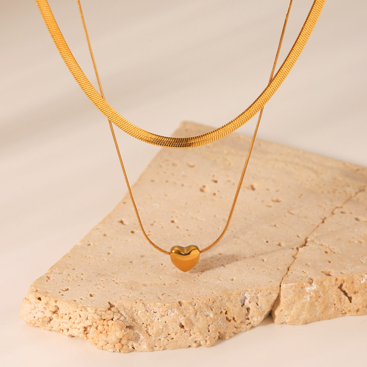 Layered Blade & Snake Chain Necklace with Heart Pendant – 18K Gold Plated Stainless Steel Statement Jewelry for Women