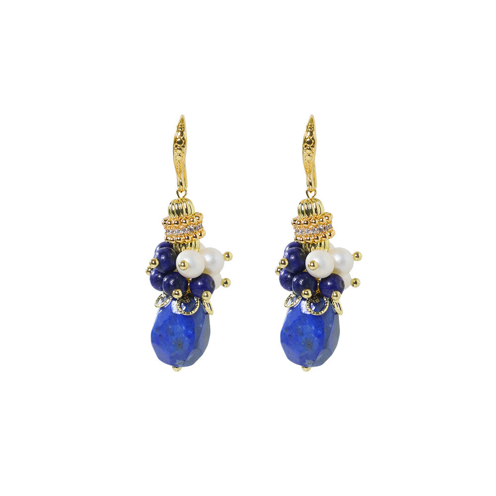 Lapis Lazuli & Freshwater Pearl Earrings – Vintage French Style Gemstone Jewelry for Women