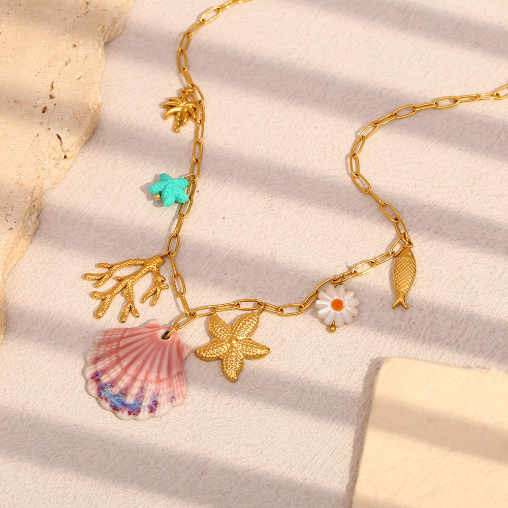 Beach Scallop Pendant Necklace – 18K Gold Plated Stainless Steel Paperclip Chain Ocean Jewelry for Women