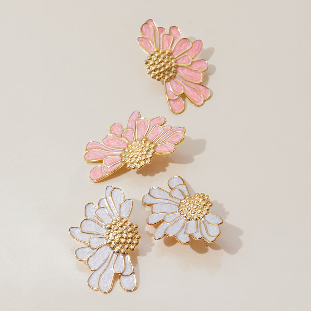 Enamel Flower Stud Earrings – Stainless Steel Titanium Luxury Statement Jewelry for Women