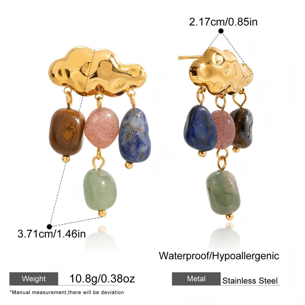 Colorful Natural Stone Cloud Tassel Earrings – Stainless Steel Luxury Jewelry for Women