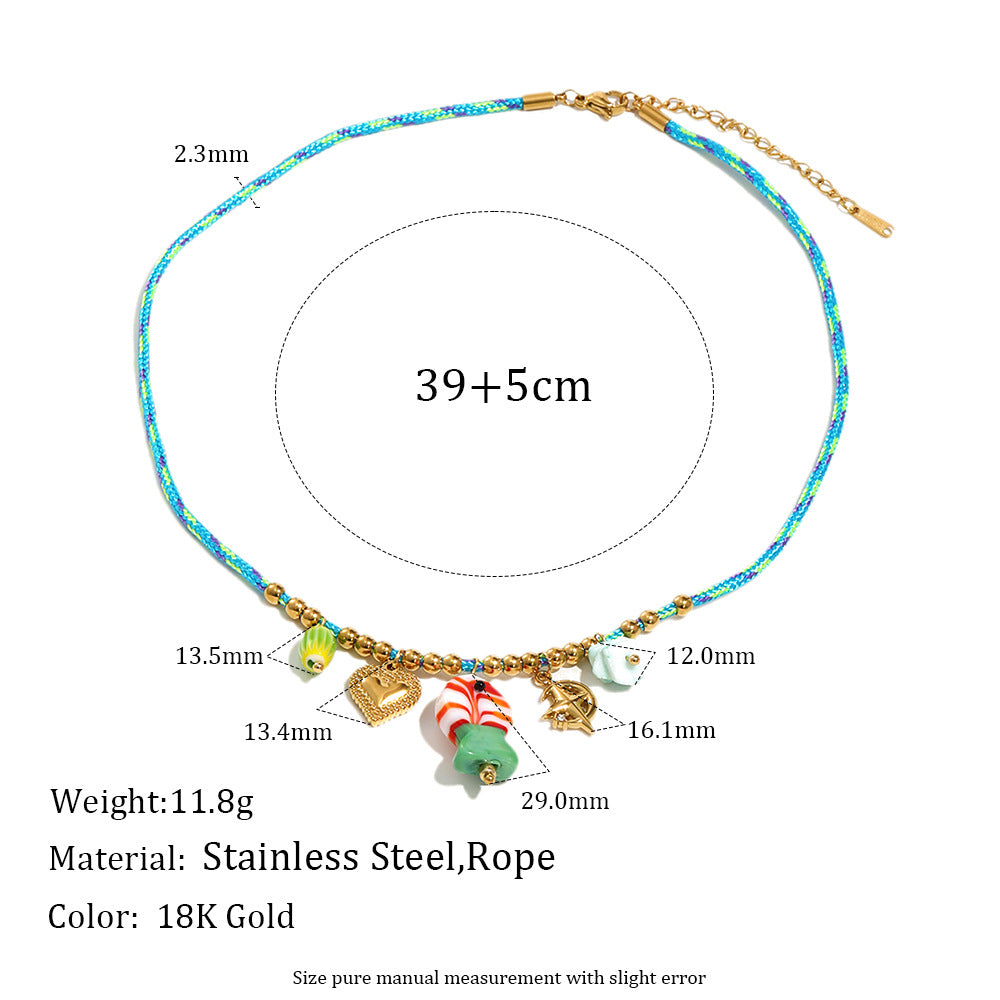 Dopamine Candy Pendant Necklace – 18K Gold Plated Stainless Steel Blue Woven Cord Fun Statement Jewelry for Women