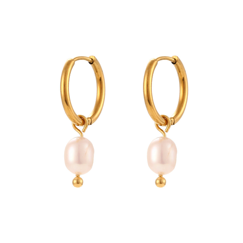 Freshwater Pearl Hoop Earrings – 18K Gold Plated Stainless Steel Minimalist Luxury Jewelry for Women