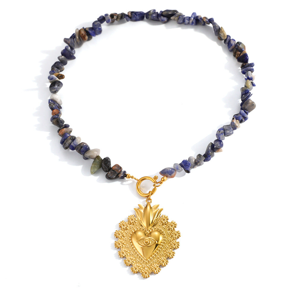 Heart Natural Stone Beaded Necklace – 18K Gold Plated Stainless Steel Vintage Boho Jewelry for Women