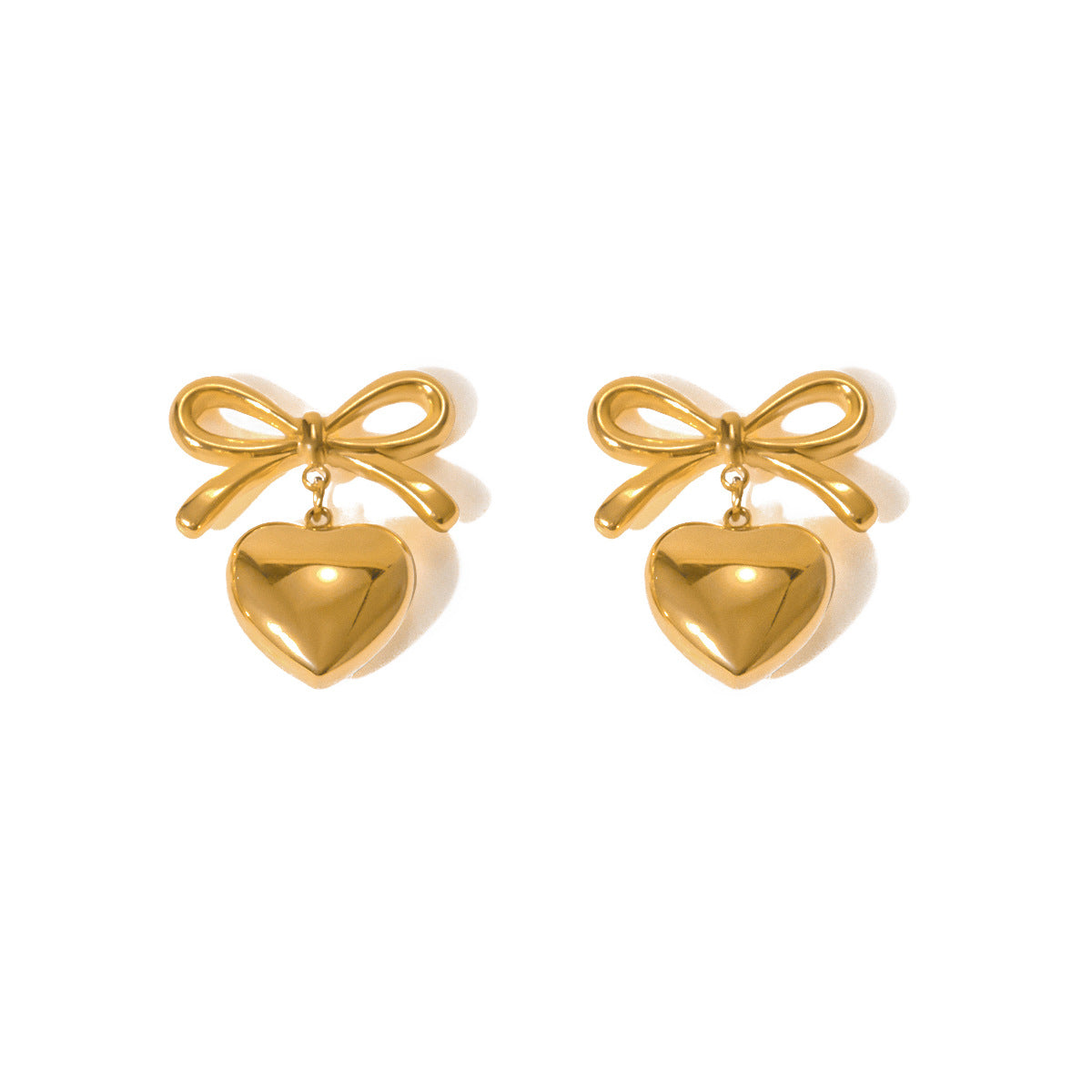 Bow & Heart Drop Earrings – 18K Gold Plated Stainless Steel Cute Statement Jewelry for Women