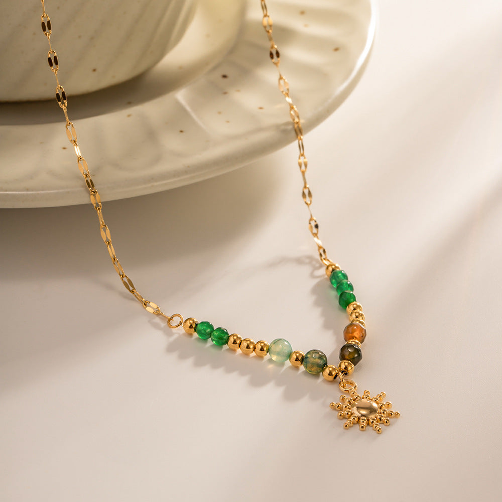 18K Gold Plated Sun Pendant Necklace – Natural Stone French Vintage Stainless Steel Jewelry for Women
