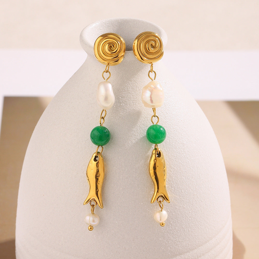 18K Gold Plated Pearl & Fish Tassel Earrings – Vintage Luxury Stainless Steel Drop Earrings for Women