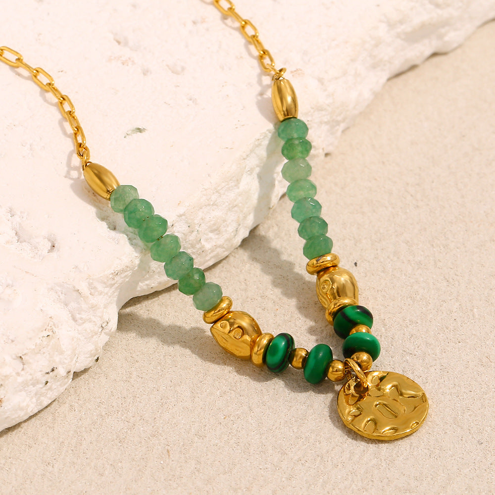 Geometric Hammered Circle Pendant Necklace – 18K Gold Plated Stainless Steel Green Gemstone Statement Jewelry for Women