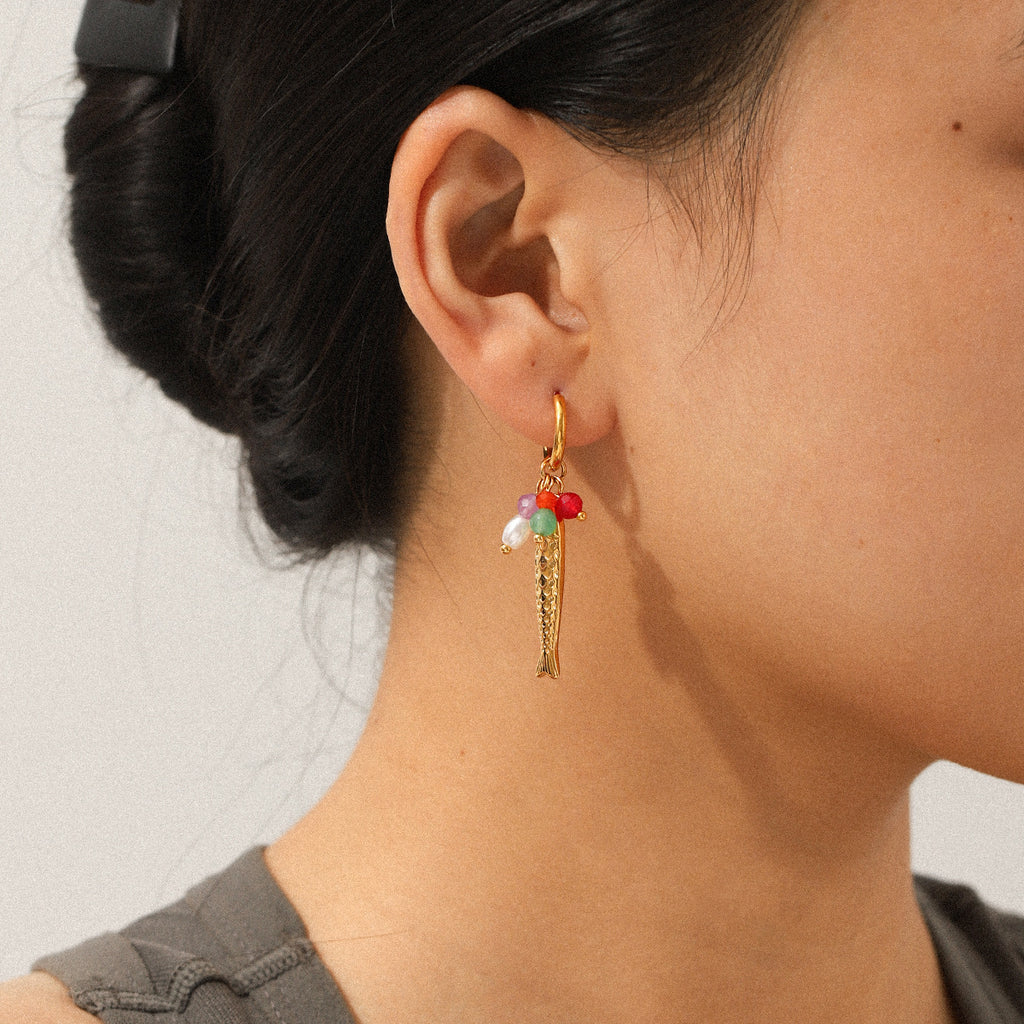 Fish Charm Beaded Earrings – Stainless Steel Pearl Drop Earrings Trendy Ocean Jewelry for Women