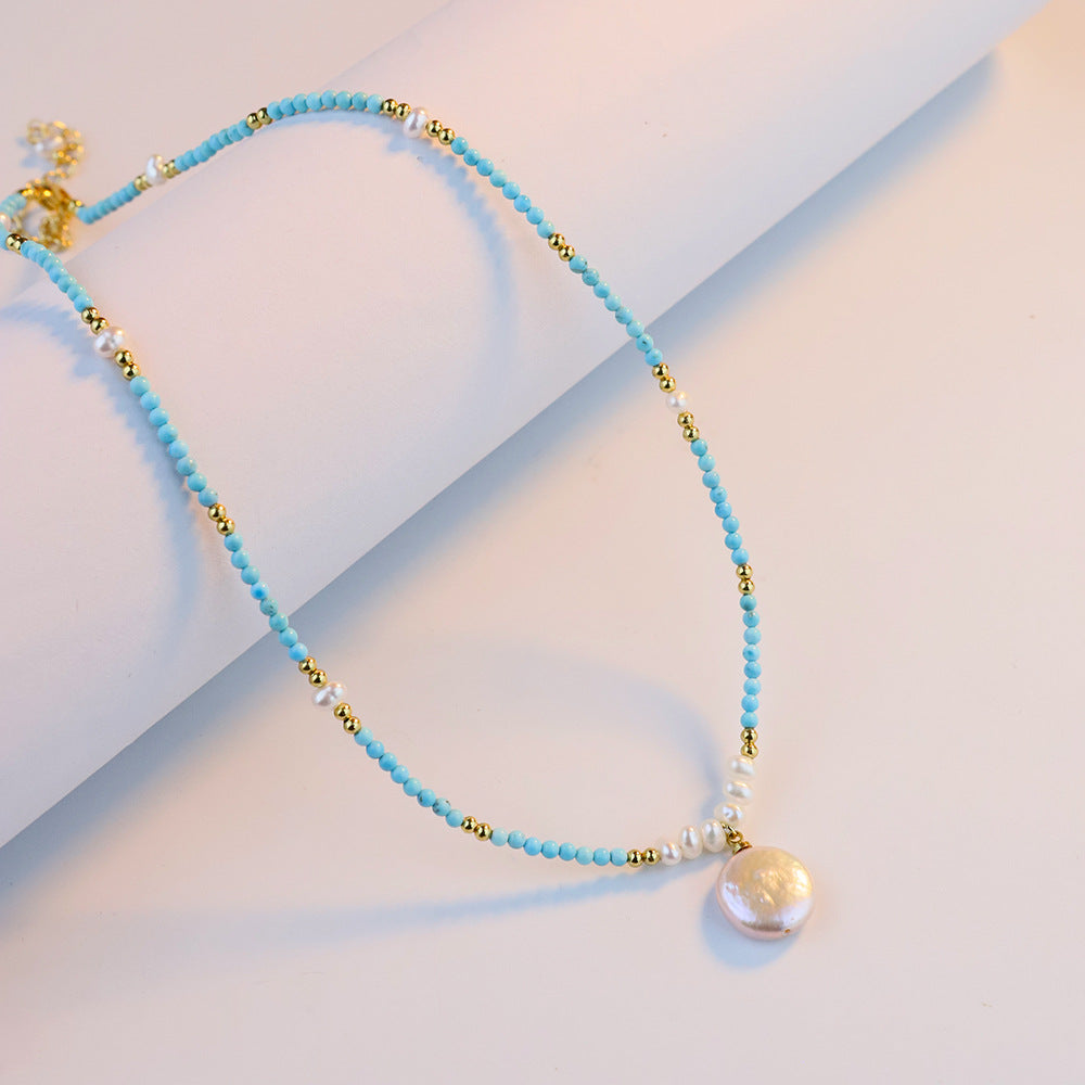 Turquoise & Freshwater Pearl Layered Necklace – 18K Gold Plated Minimalist Luxury Summer Jewelry for Women