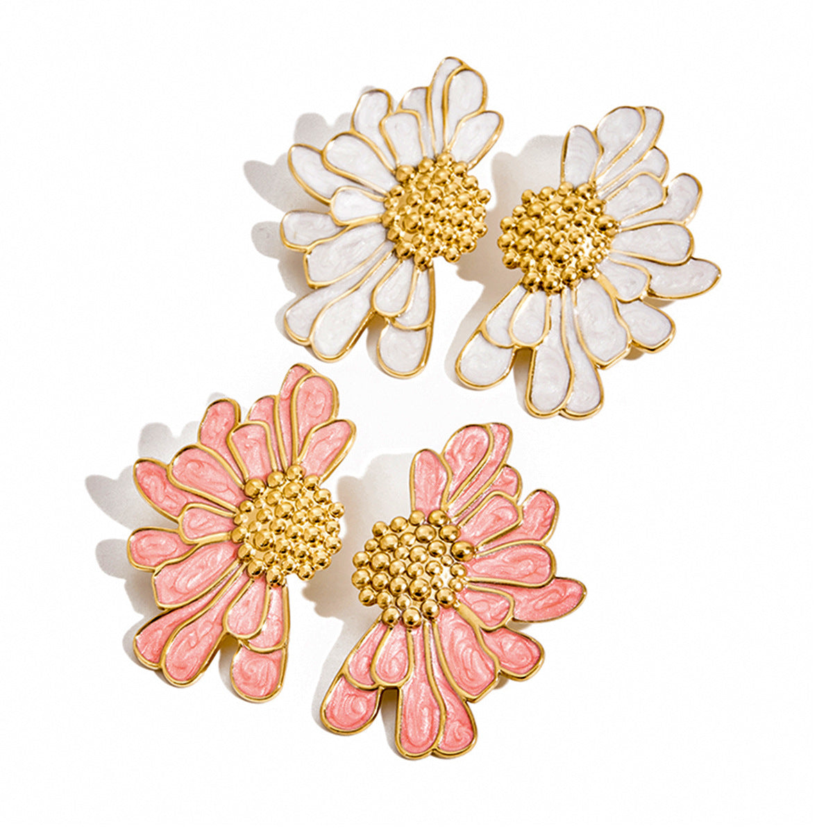 Enamel Flower Stud Earrings – Stainless Steel Titanium Luxury Statement Jewelry for Women