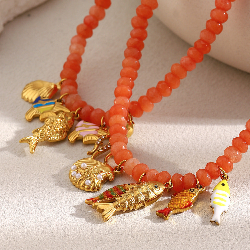 Handmade Beaded Necklace with Red Agate Ocean Creature Pendant – 18K Gold Plated Stainless Steel Boutique Jewelry for Women