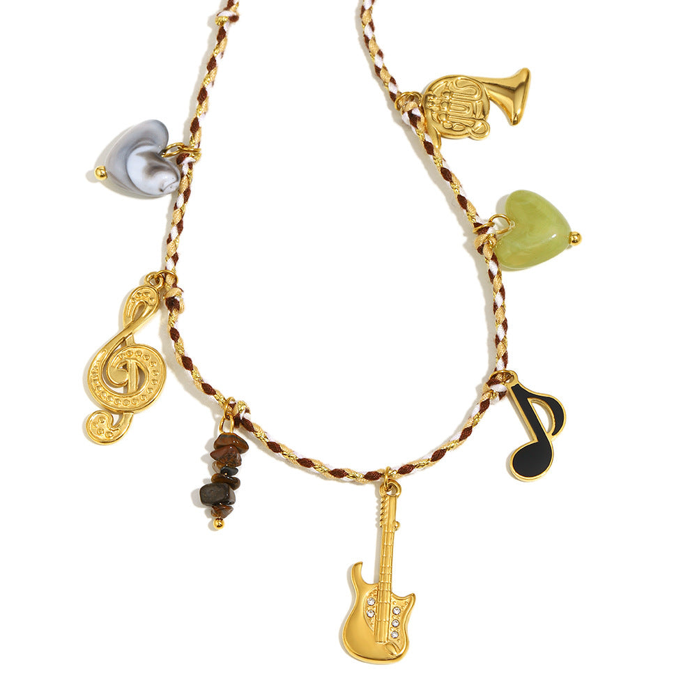 Guitar Music Pendant Necklace – 18K Gold Plated Stainless Steel Colorful Cord Boutique Statement Jewelry for Women