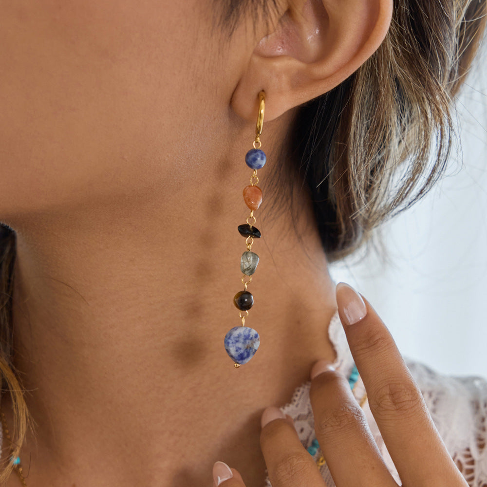Colorful Natural Stone C Hoop Tassel Earrings – 18K Gold Plated Stainless Steel Luxury Jewelry for Women