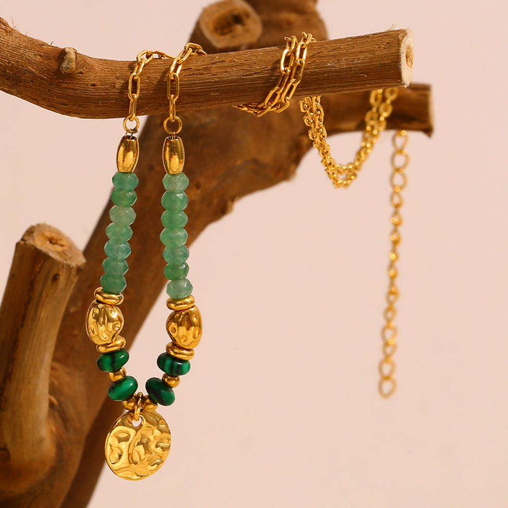 Geometric Hammered Circle Pendant Necklace – 18K Gold Plated Stainless Steel Green Gemstone Statement Jewelry for Women