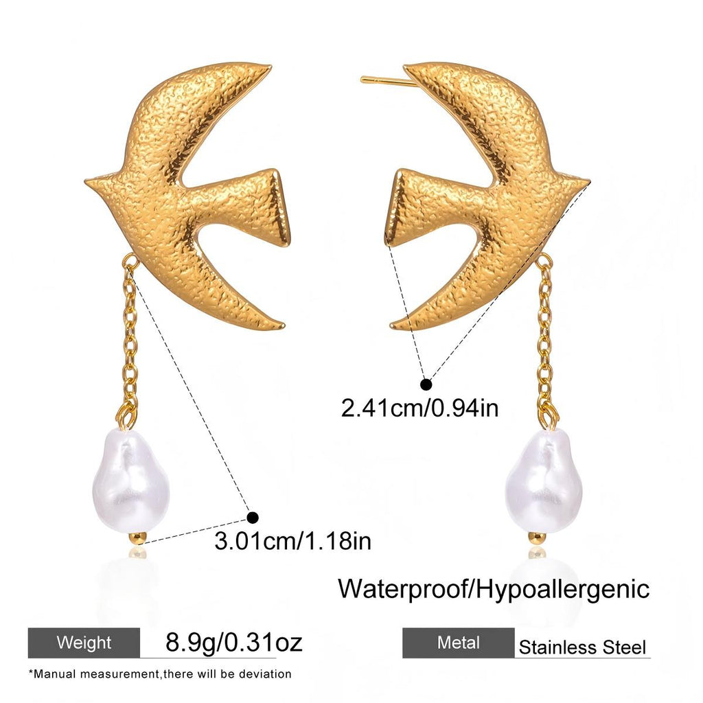 Dove & Faux Pearl Earrings – 18K Gold Plated Stainless Steel Hammered Statement Jewelry for Women