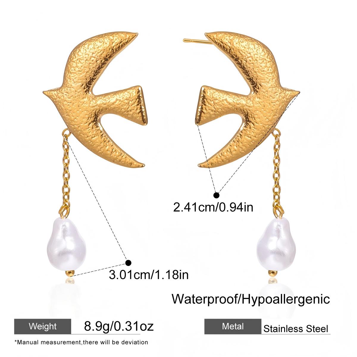 Dove & Faux Pearl Earrings – 18K Gold Plated Stainless Steel Hammered Statement Jewelry for Women