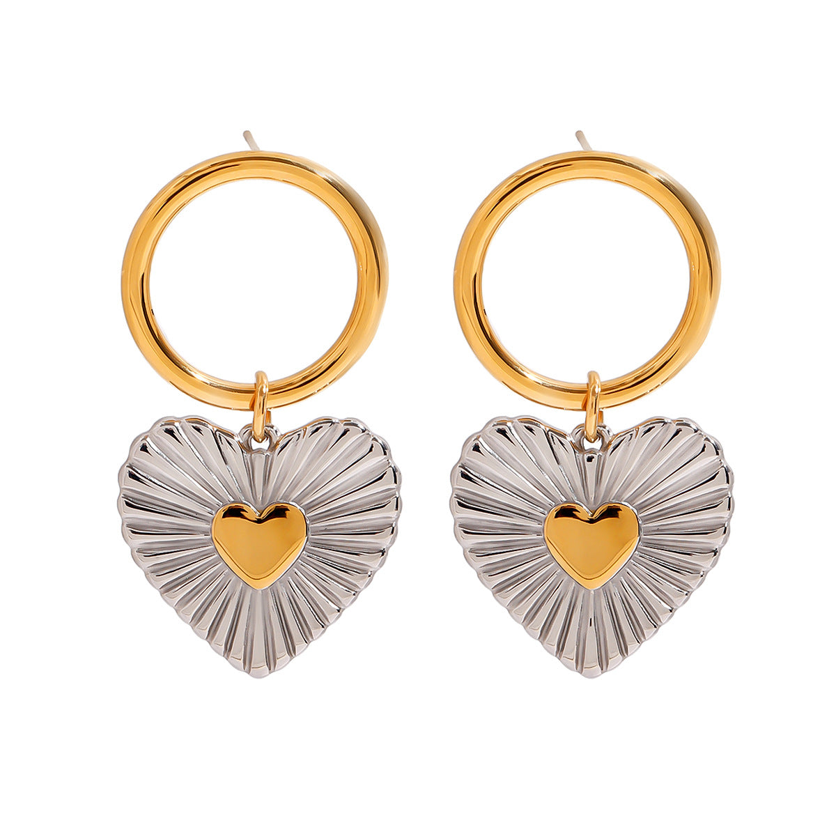 Two-Tone Ribbed Heart Earrings – 18K Gold Plated Stainless Steel Statement Earrings for Women
