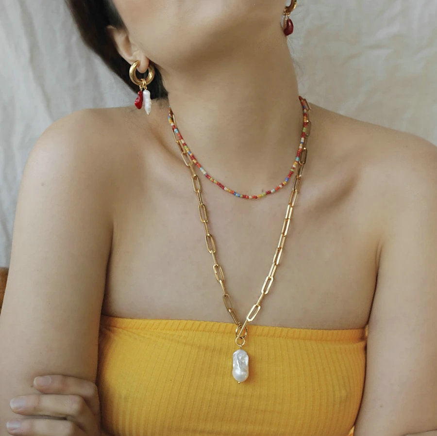 Handcrafted Freshwater Pearl & Coral Stone Stud Earrings – Boho Chic Jewelry for Women