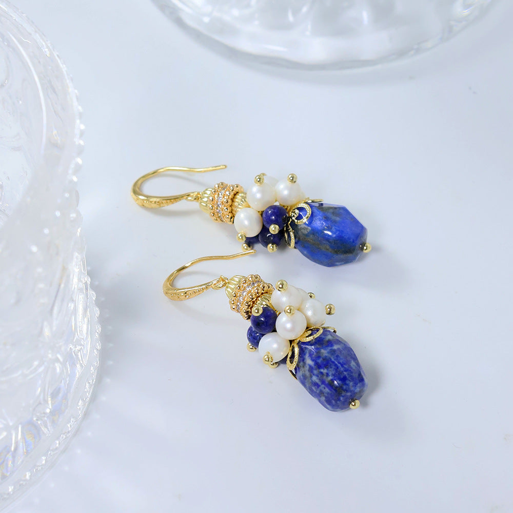 Lapis Lazuli & Freshwater Pearl Earrings – Vintage French Style Gemstone Jewelry for Women