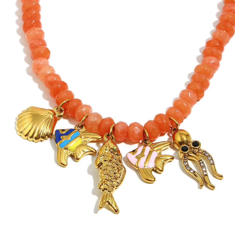 Handmade Beaded Necklace with Red Agate Ocean Creature Pendant – 18K Gold Plated Stainless Steel Boutique Jewelry for Women