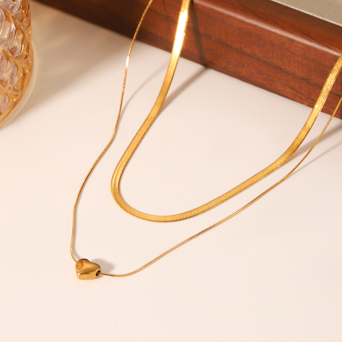 Layered Blade & Snake Chain Necklace with Heart Pendant – 18K Gold Plated Stainless Steel Statement Jewelry for Women