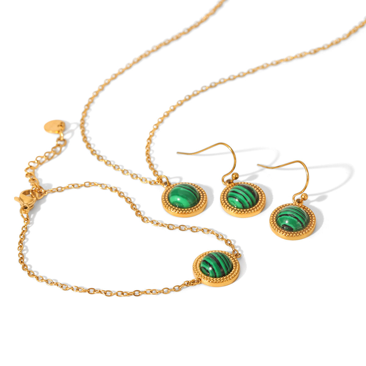 French Vintage Malachite Jewelry Set – 18K Gold Plated Stainless Steel Necklace, Bracelet & Earrings for Women