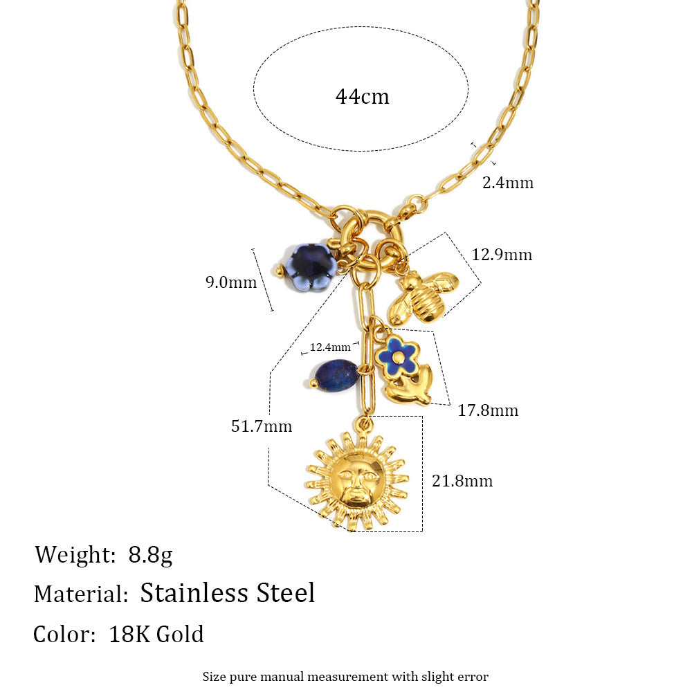French Luxury Sun & Bee Necklace – 18K Gold Plated Stainless Steel Small Paperclip Chain Minimalist Jewelry for Women