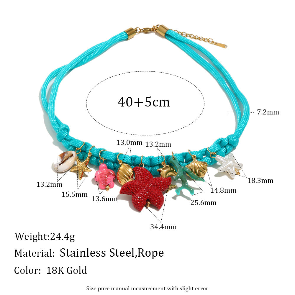 Minimalist Ocean Necklace & Bracelet Set – 18K Gold Plated Stainless Steel Blue Cord Layered Jewelry for Women