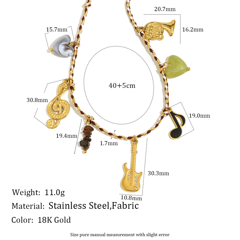 Guitar Music Pendant Necklace – 18K Gold Plated Stainless Steel Colorful Cord Boutique Statement Jewelry for Women